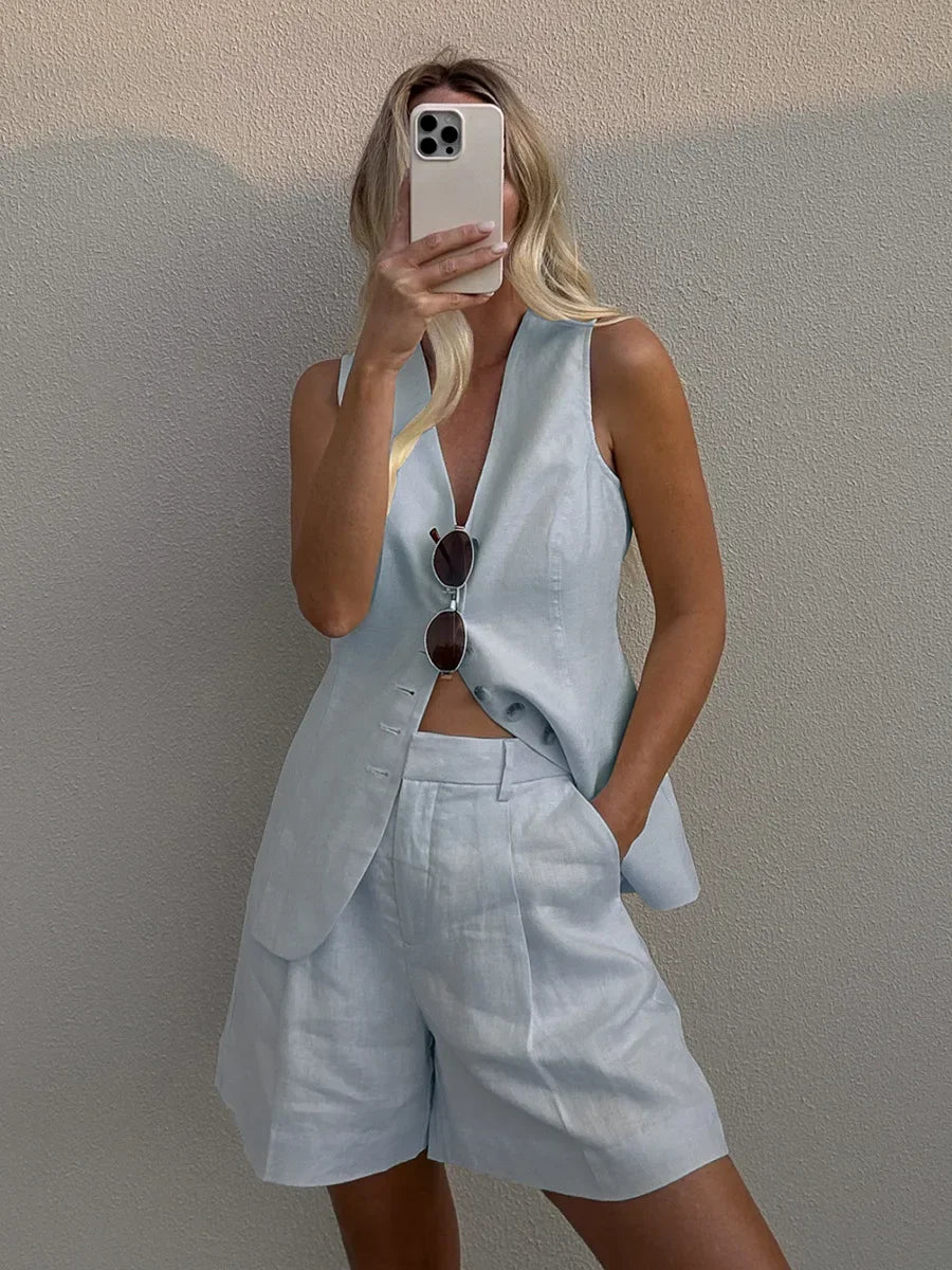 Wolfeel Cotton linen Chic Casual Vest Shohjkhrts Set Women's Fashion Commuter Sleeveless Tank Top Loose Shorts Suits Summer New
