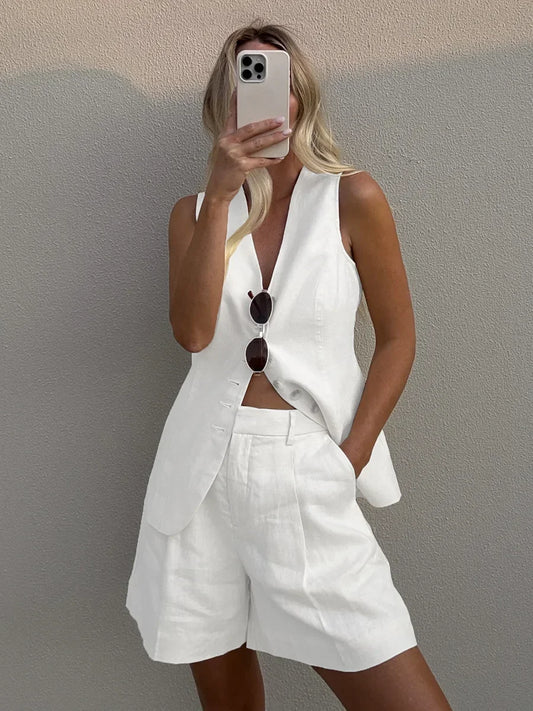 Wolfeel Cotton linen Chic Casual Vest Shohjkhrts Set Women's Fashion Commuter Sleeveless Tank Top Loose Shorts Suits Summer New