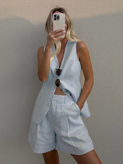 Wolfeel Cotton linen Chic Casual Vest Shohjkhrts Set Women's Fashion Commuter Sleeveless Tank Top Loose Shorts Suits Summer New