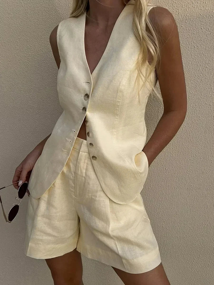 Wolfeel Cotton linen Chic Casual Vest Shohjkhrts Set Women's Fashion Commuter Sleeveless Tank Top Loose Shorts Suits Summer New